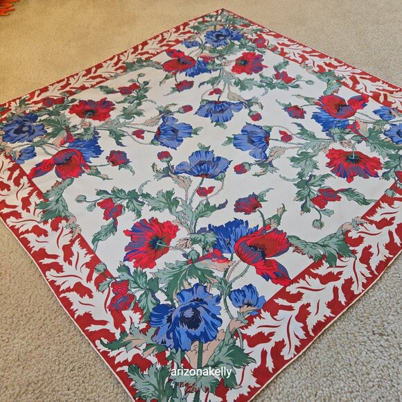 Liberty Silk Scarf Floral Design Hand-Rolled Red, Blue, Green - Picture 15 of 15